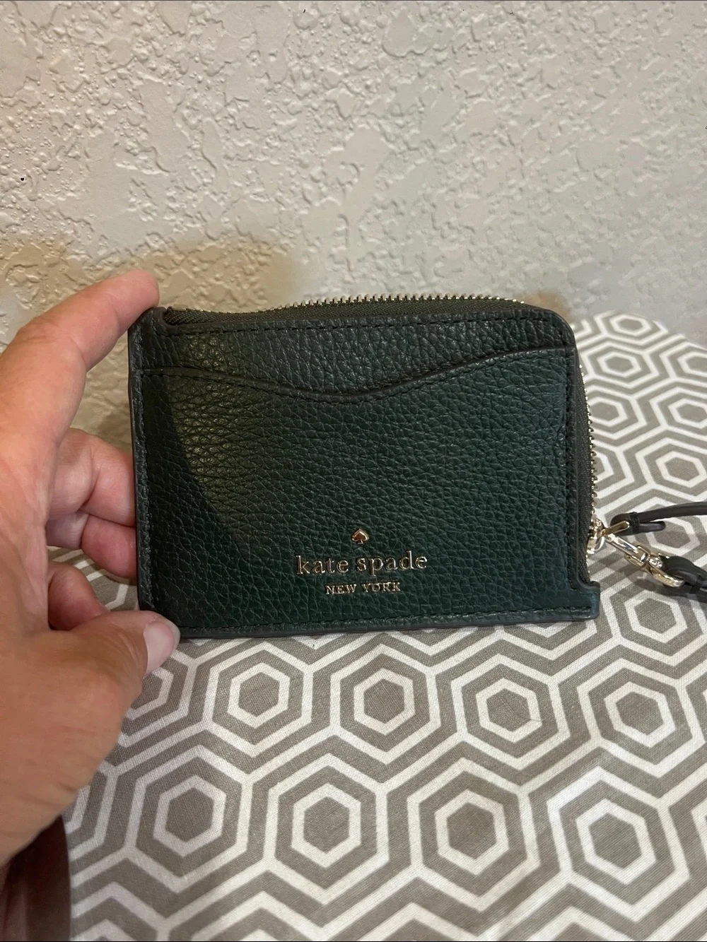 kate spade Dark Green Leather Wristlet Card Holder with Gold Logo